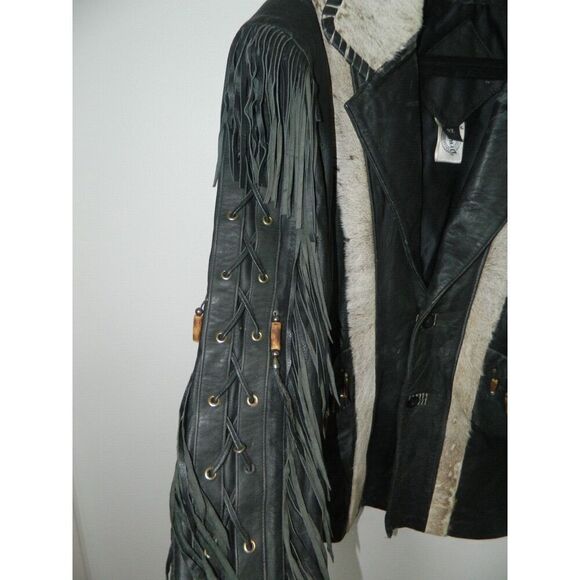 Vintage D. Frank Jacket Men Size‎ X-Large Black Leather White Fur Fringed Beaded - Picture 8 of 14